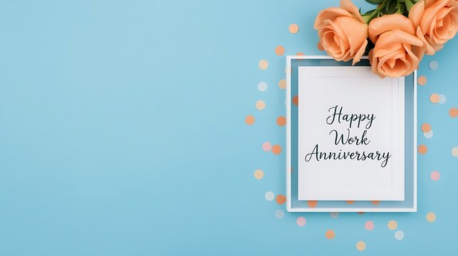 Happy Work Anniversary Frame on Blue Background with Peach Roses