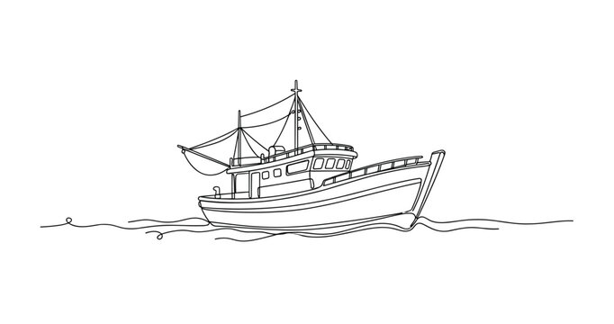 Fishing boat floating gently on calm open sea horizon. No editable stroke