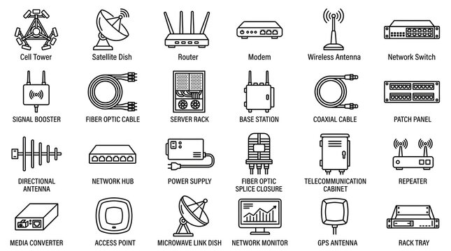 Network Infrastructure Icons: A collection of line art icons representing various telecommunications and networking equipment, including cell towers, satellite dishes, routers, modems, and antennas.