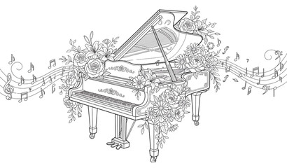 Grand piano with flowers line art coloring page vector isolated on white background © MDRahul
