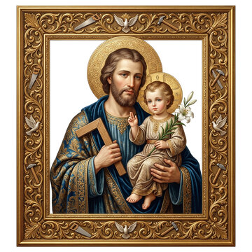 Saint Joseph holds the infant Jesus, who is cradling a lily, within an ornate gold frame featuring tools and doves.