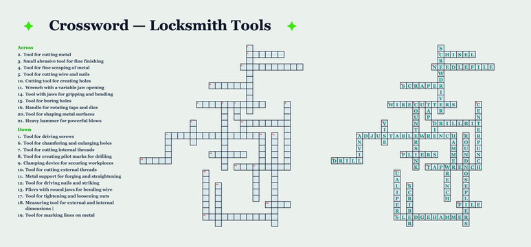 Crossword puzzle featuring locksmith tools and terminology   