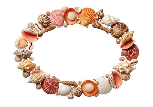 Oval frame made of various sea shells isolated on transparent background