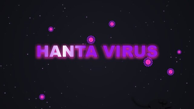 Hanta virus text glowing in neon purple with floating pathogen cells on dark spaces.