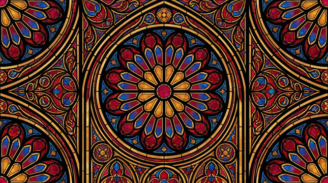 Intricate stained glass art with vibrant gothic rose window patterns and ornate floral motifs creating a timeless decorative design