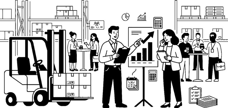 Logistics managers analyzing inventory data in storage warehouse