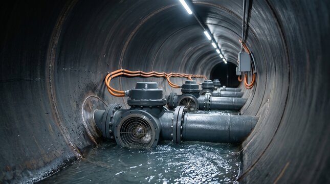 Inside municipal water pipeline with multiple inline micro hydropower turbines