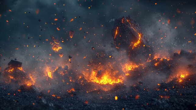 Exploding lava and fiery debris erupting against a dark, stormy