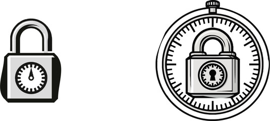 Fototapeta premium A black-and-white micro-icon design features a padlock with a small countdown timer wheel, symbolizing an automated user session timeout event for enhanced security on a pure white background