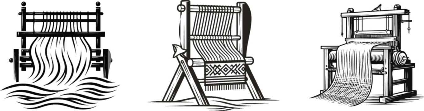 A traditional woodcut engraving of a manual weaving loom showcases intricate interlocking threads and finished textile patterns against a clean white background