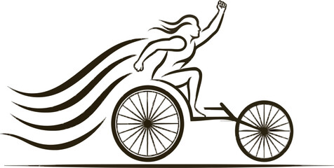 Fototapeta premium An inclusive black and white vector graphic of a marathon athlete in a sports wheelchair triumphantly crossing the finish line, embodying physical empowerment against a clean, sharp, and solid white