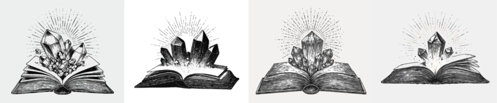 An open ancient book bursts with vibrant light rays and clean geometric crystal prisms emerging from its pages, exuding a premium luxury aesthetic through bold carved black lines and high-contrast