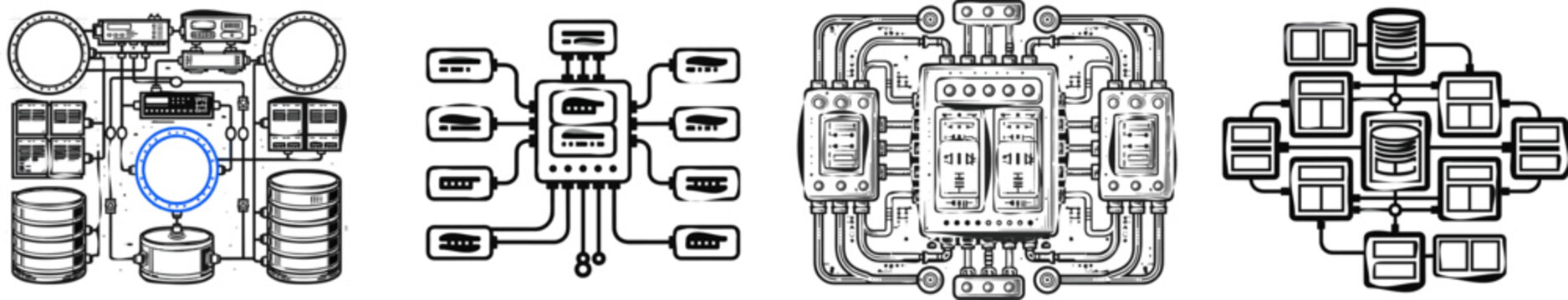 This technical blueprint schema illustrates a database sharding layout with structured data partitions and routing nodes, featuring sharp precision borders on a clean white background for vector