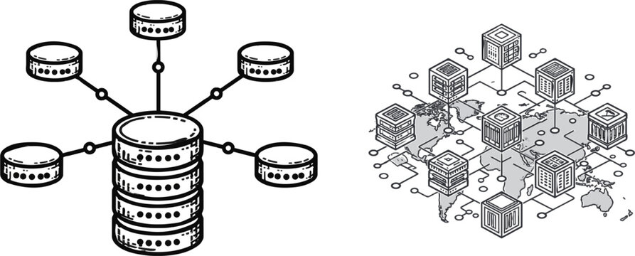 A technical SaaS blueprint showcases a clean, geometric distribution diagram of global server data caches, emphasizing efficient content delivery network node connectivity with sharp line definitions