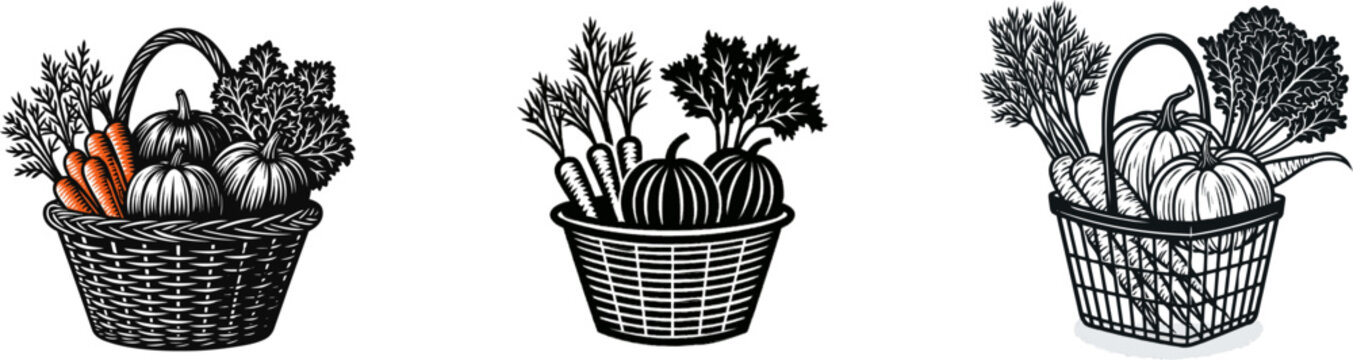 A striking linocut-style graphic of an organic market vegetable basket filled with carrots, pumpkins, and kale, showcasing dramatic hand-carved textures against a clean white background