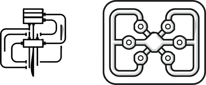 A technical blueprint showcases an AI chat bot routing node with dialogue paths, featuring a clean, straight geometric layout on a white background