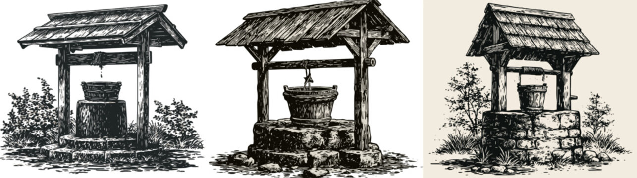 A detailed woodcut print depicts an ancient water well with a wooden roof, showcasing coarse carved lines and a solid black ink bucket against a white background