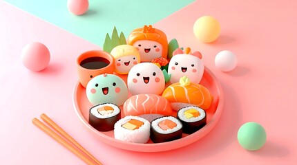 Fototapeta premium Cute 3D illustration of kawaii sushi and roll characters with funny smiling faces served on a plate. Adorable Japanese food concept backdrop in pastel pink and green colors, featuring happy nigiri, ma