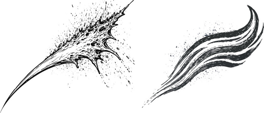 A solitary, dark blue calligraphy stroke on a pristine white background exhibits chaotic fluid dispersion and sharp edges, optimized for easy vector tracing