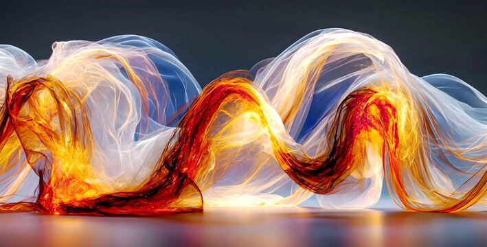 Abstract 3D render of a dynamic glowing fire wave and translucent smoke ribbon over a dark background. Futuristic energetic fluid motion with intense burning orange, red, and gold flame curves creatin