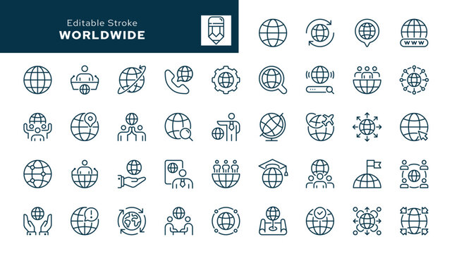 Worldwide outline icons set. Earth, world, sphere, planet, population, global network and more. Line icon in linear style. Vector collection	