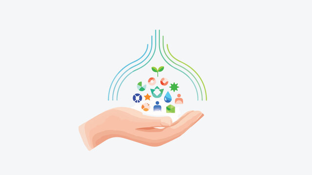 Hand holding and protecting a collection of diverse icons representing global sustainable development goals, environmental protection, and social responsibility.