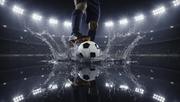 Soccer football player boot ball stadium water splash action night wet pitch reflection floodlight sport competition dynamic motion athlete grass game kick strike dribble skill closeup footwear