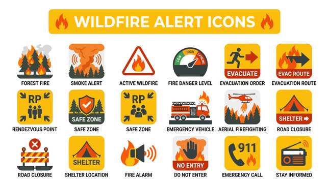 Wildfire alert icons display warning signs and emergency services for evacuation and safety measures in a natural disaster environment with fire and people.