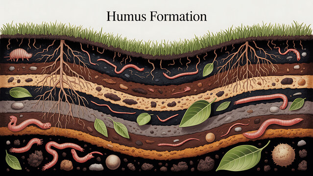 Soil layers with roots and worms  humus formation process  ecosystem illustration
