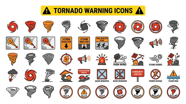Extensive set of flat vector icons for tornado and hurricane warnings, storm safety, and natural disaster preparedness, ideal for emergency communication graphics