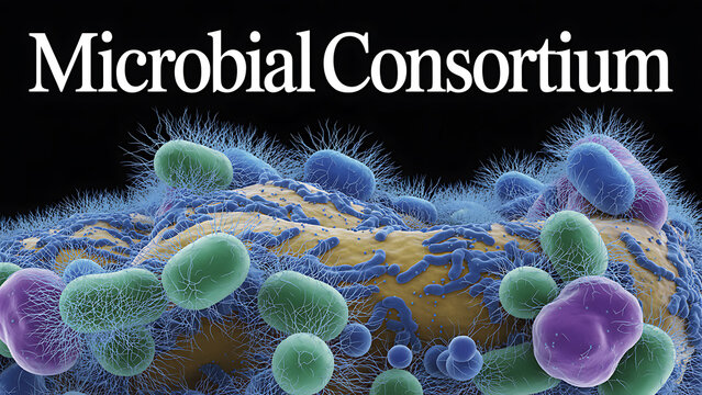 Microbial consortium of bacteria and microorganisms in a symbiotic relationship on a surface  a community of microbes living together