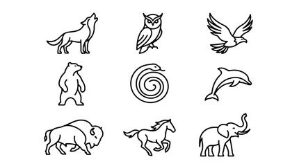 Fototapeta premium Minimalist animal line art icons, set of 9 modern wildlife vector illustrations, black outline wild animal logos for branding and web design