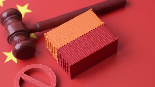 The cargo container ban on the China flag as a conceptual backdrop for the export and logistics of goods. The cargo container embargo on the China flag as a backdrop for your design