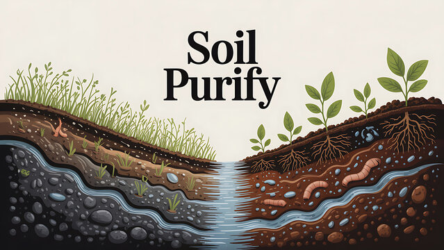 Soil layers with plants and worms on dirt ground with water flowing through  ecosystem and soil purification concept