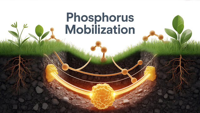 Phosphorus mobilization in soil with plants and roots and glowing phosphorus molecules  soil science and plant nutrition concept
