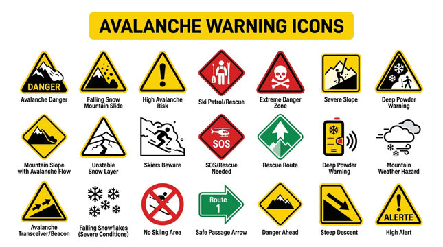 Comprehensive set of flat vector icons illustrating various avalanche warnings and mountain safety precautions for winter activities and hazardous snowy environments