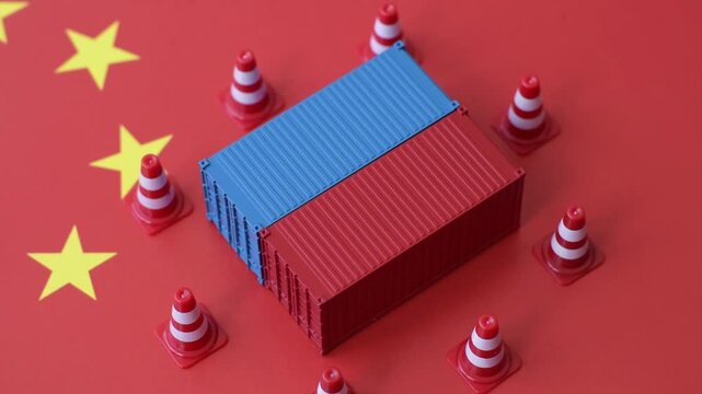 The cargo container ban on the China flag as a conceptual backdrop for the export and logistics of goods. The cargo container embargo on the China flag as a backdrop for your design