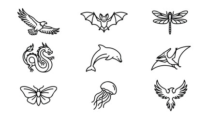 Minimalist animal line icons set, 9 black outline flying and swimming creatures, modern vector animal logos for branding and web design © Saad