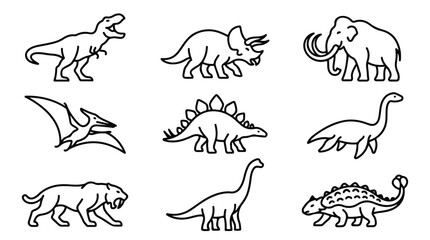 Minimalist dinosaur line icons, prehistoric animal vector set of 9 elements, black outline extinct creatures for educational design © Saad