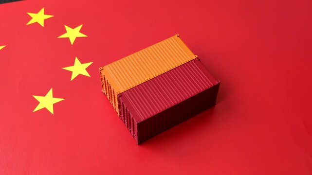 Cargo containers on the china flag as a conceptual backdrop for goods export and logistics. Cargo containers on the china flag as a background for your design