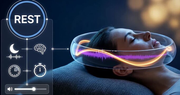 A person sleeping with sound halo smoothing sharp waves into calm glow with icons, night rest therapy, tinnitus relief concept