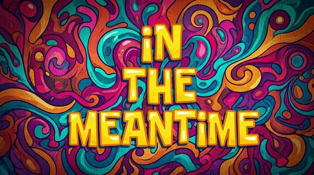 The phrase "IN THE MEANTIME" is rendered in stylized yellow 2D bubble typography with thick dark green outlines. The text is set against a highly detailed, colorful psychedelic backdrop consisting of 