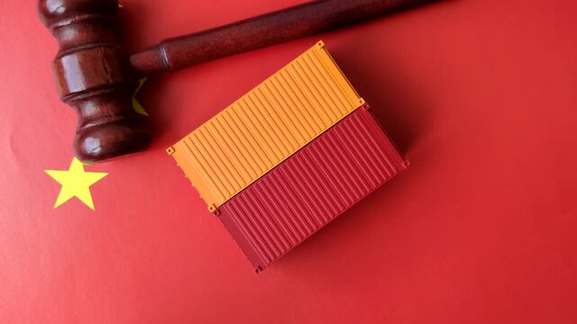 The cargo container ban on the China flag as a conceptual backdrop for the export and logistics of goods. The cargo container embargo on the China flag as a backdrop for your design
