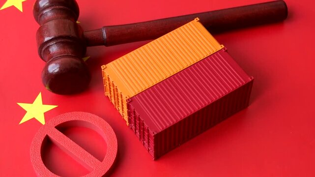 The cargo container ban on the China flag as a conceptual backdrop for the export and logistics of goods. The cargo container embargo on the China flag as a backdrop for your design