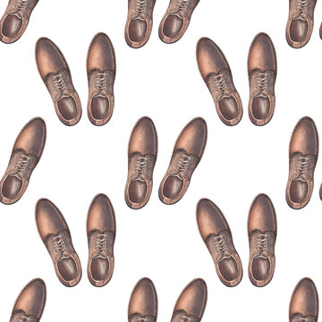 Brown leather men boots seamless pattern. Hand-painted watercolor illustration isolated on white for gentlemen, traveling branding, printing on textile, packaging, posters, hipster, fashion design.