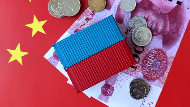 Cargo containers on the china flag as a conceptual backdrop for goods export and logistics. Cargo containers on the china flag as a background for your design