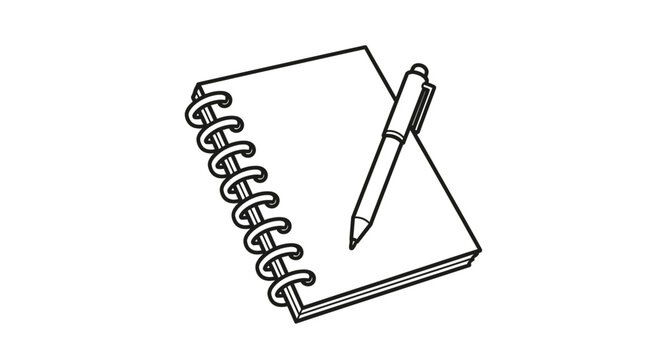 Spiral Notebook and Pen Drawing - Simple Sketch of Writing Supplies