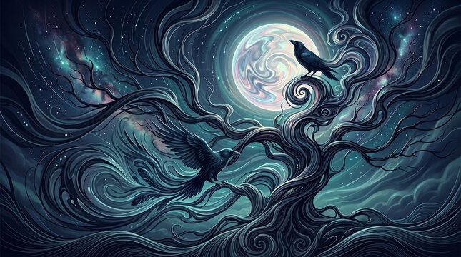Mystical Ravens Tree Moon Night Sky Swirling Branches