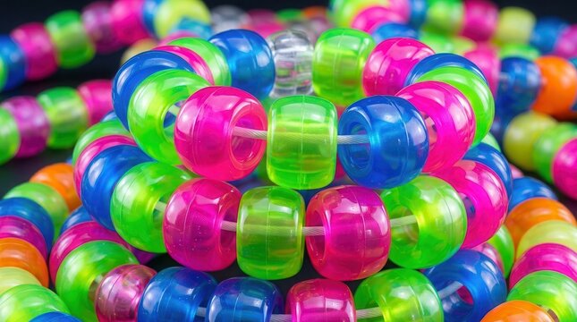 Bright translucent kandi bracelets in vibrant colors arranged in a circular pattern, showcasing a variety of neon hues including pink, green, blue, and orange