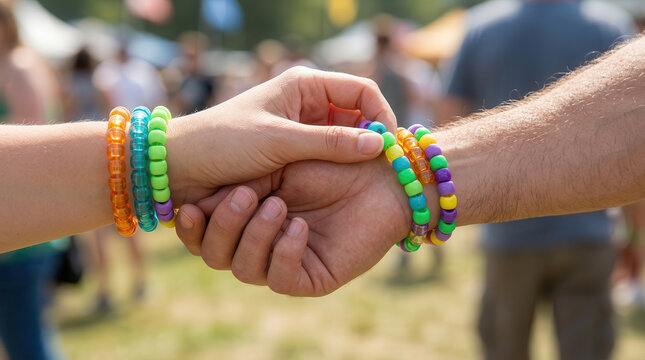 Adults exchanging colorful kandi bracelets during a vibrant outdoor festival, showcasing bright beads and a lively atmosphere in the background